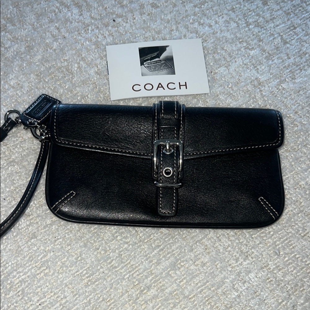 Coach Black Leather Wristlet with Silver Accents